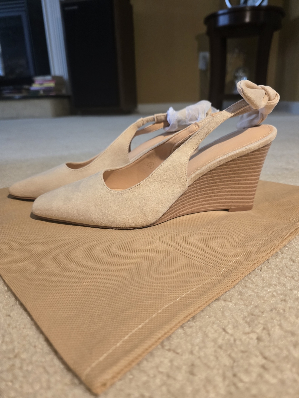Neutral Beige Suede Slingback Wedge Heels for Women